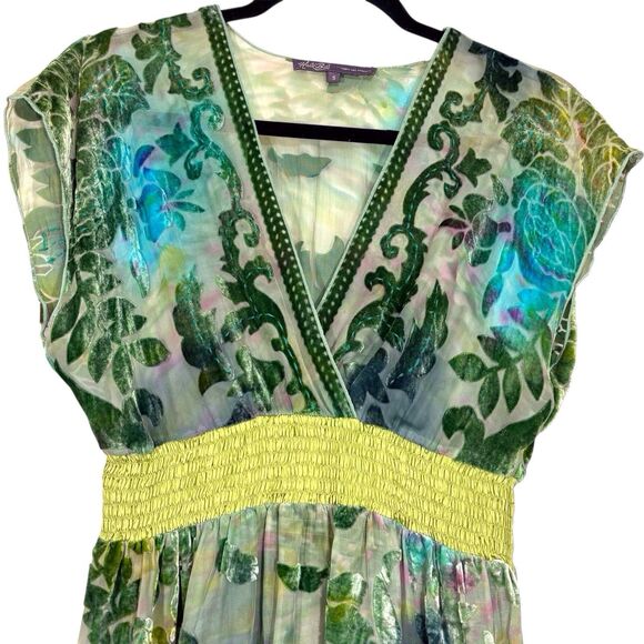 Hale Bob Babydoll Velvet Burnout Top Womens Small Green Blue Floral Boho Fairy - Picture 9 of 12
